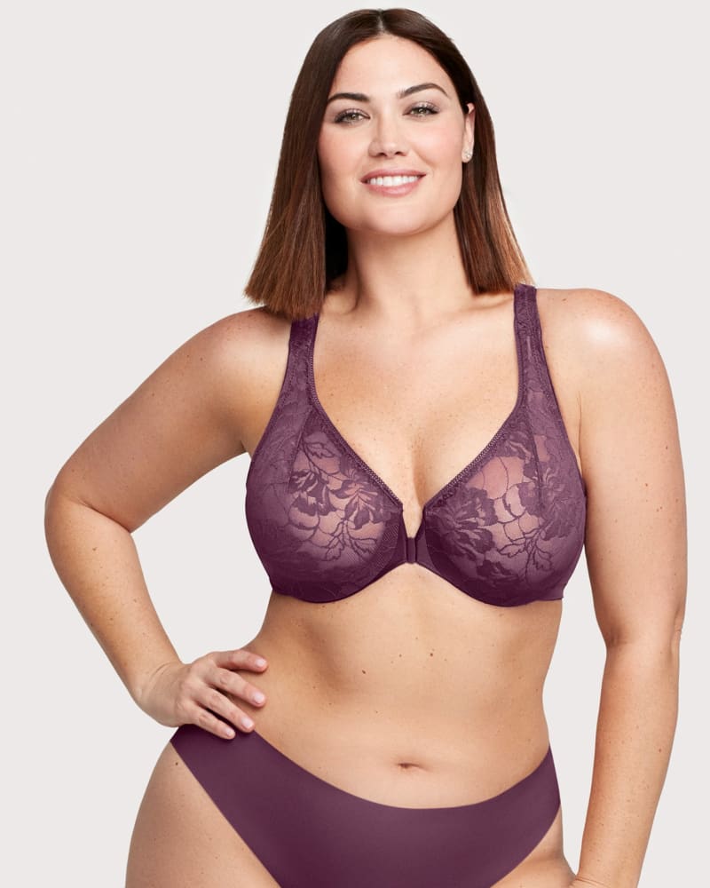 Front of a model wearing a size 36C Lacey T-Back Front-Closure WonderWire Bra in Black Plum by Glamorise. | dia_product_style_image_id:260720